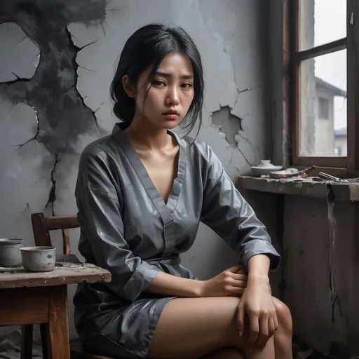 Prompt: 4k , high resolution ,detailed , oil painting , grey themed photo ,poor room with cracked wall ,gray sky, window with shutters , small gray table , a asian woman sits on chair ,she looks depressed and tired , black hair with some gray hairs, mini slit  grey dress reveals legs , focus on legs
, portrait , expressionism , dark colors   , modeling pose , fashion , unique pose,close up , ashtray and smoke