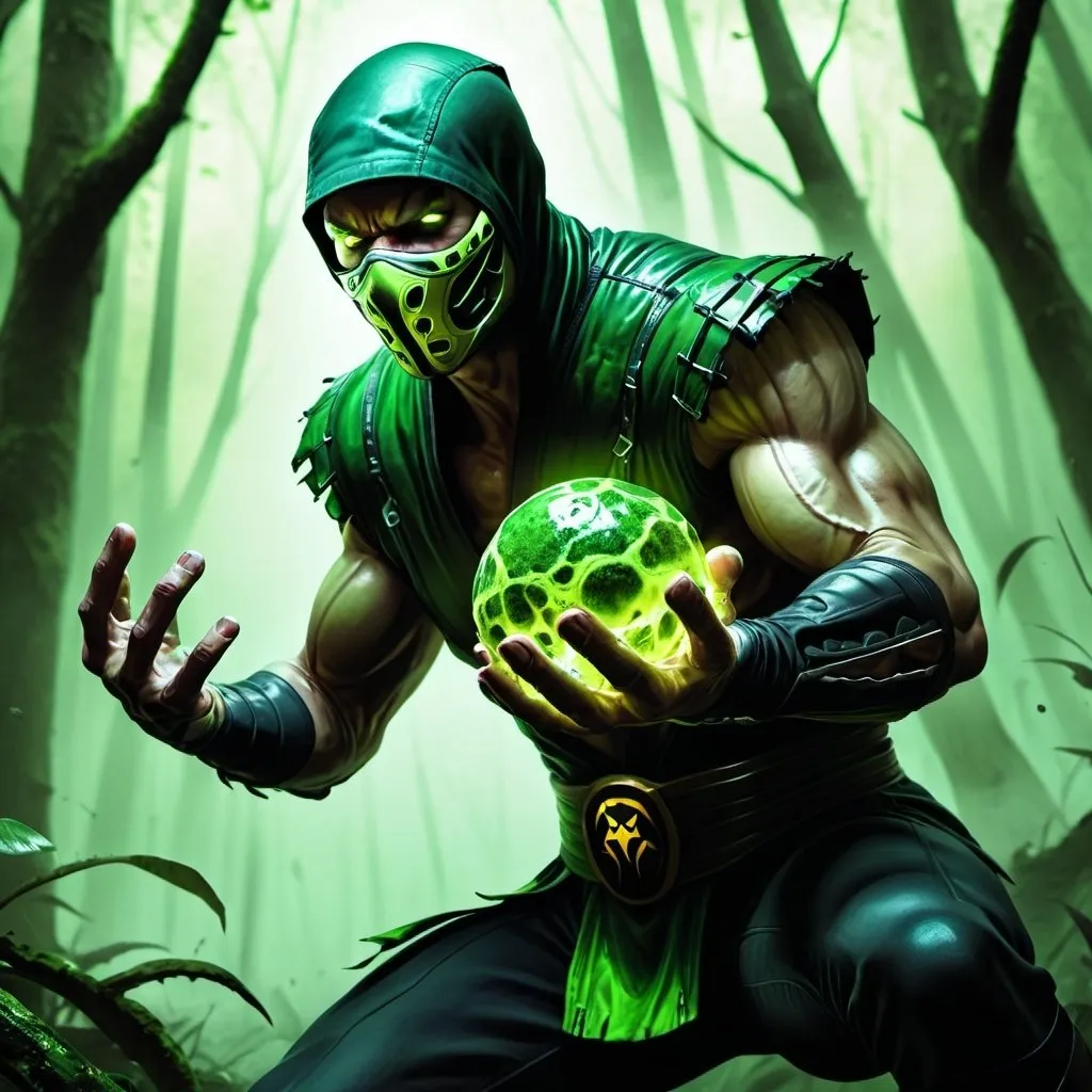 Prompt: high resolution ,4k , fantasy  ,dark colors ,forest , digital painting , illustration , hyper realism , mortal kombat 
 , reptile holds  an magical green acid slime ball , his hands are dirty of holding the slime ,
 , low angle shot , show full body , combat stance , green skin 