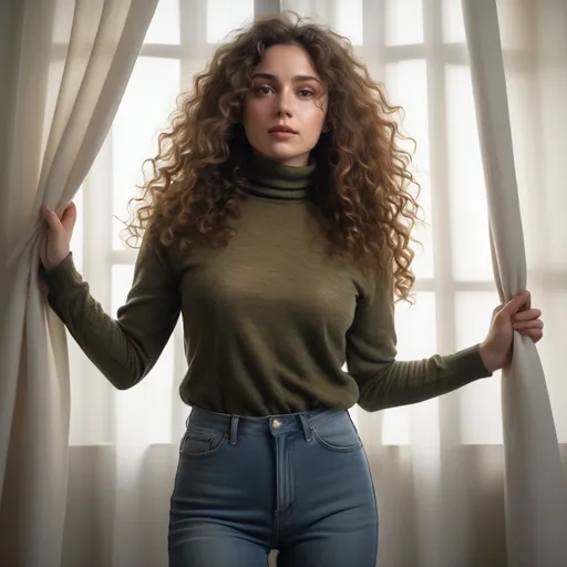 Prompt: (woman with long curly hair), wearing an olive long knitted turtleneck shirt and skinny jeans , (,low angle shot ), inside a softly lit room in the background with big white curtains  captured in an extremely detailed (oil painting style), (photorealistic), sunlight streaming through the woman
, she is holding the curtains with her hands(spreading her arms , artistic pose) , ,high resolution , detailed , bright colors