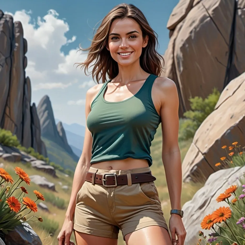 Prompt: 4k , high resolution  , photorealistic painting ,artistic, dark colors  , nature , blue sky  ,mountain ,woman in modeling pose , flowers,rock, short beige pants with belt ,dark green tank top shirt , close up , modeling , model stance , sweat,summer , hot , unique pose , smile 