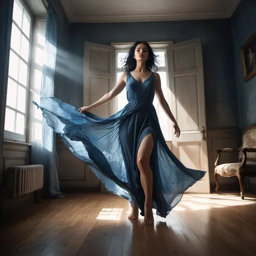 Prompt: high resolution, 4k, dark colors  , water painting ,dramatic colors , detailed, fashion , modeling , room , parquet , window with gray curtain
a woman is modeling , fancy blue long slit dress , low angle shot , feet , black hair , close up on woman's face ,portrait ,light and shadow , dance stance  , low angle shot , sunlight shines on the woman through the window , dynamic movement 