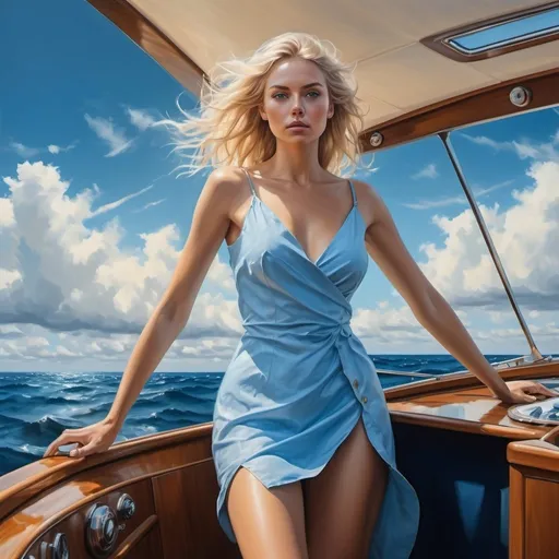 Prompt: 4k , oil painting , high resolution , modeling photo , nature ,  sea , blue sky , clouds , a woman stands  in a yacht, sleeveless  blue dress ,slit dress, blond hair , barefoot , 