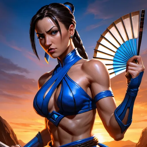 Prompt: 4k,oil painting,high resolution,professional,artistic, bright colors ,fighting game, sunset ,modeling  , kitana from mortal kombat video ,low angle shot,modeling,kitana's outfit from mortal kombat 3,focus on legs  ,blue mask covers only her mouth ,  portrait ,she holds a beautiful fan with blades, 