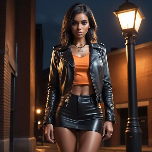 Prompt: 4k,hyperrealism, dark colors  ,high resolution, professional,low angle shot ,show legs, modeling, night, woman standing near brick pillar and street light,outside , she is modeling , black hair, opened black leather jacket, orange crop top shirt, black miniskirt,necklace ,close up, unique modeling pose , hands movement