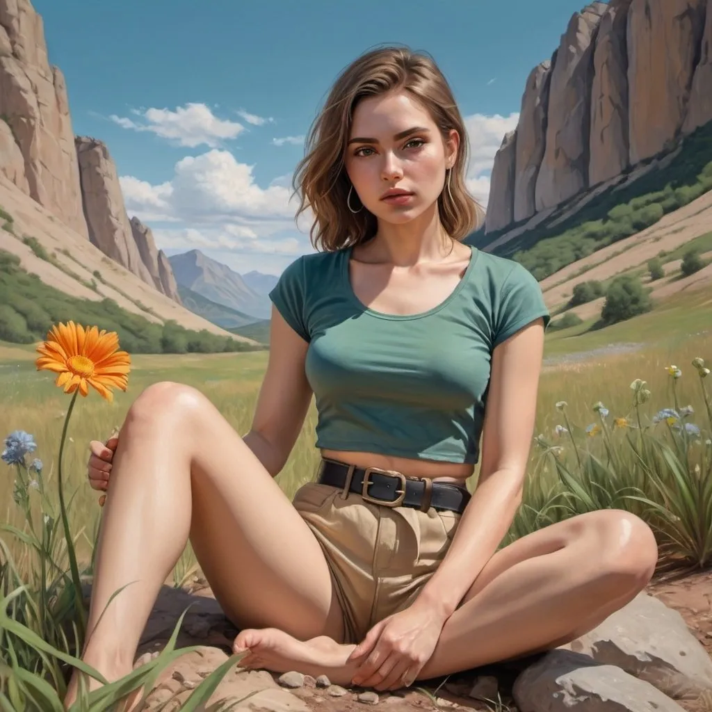 Prompt: 4k , high resolution  , photorealistic painting ,artistic  , nature , blue sky  ,mountain , landscape,woman sits on the ground and she holds a flower , flowers,rock, short beige pants with belt , dark green crop top shirt  , close up , modeling , model stance , summer , hot , sweat , unique pose , 