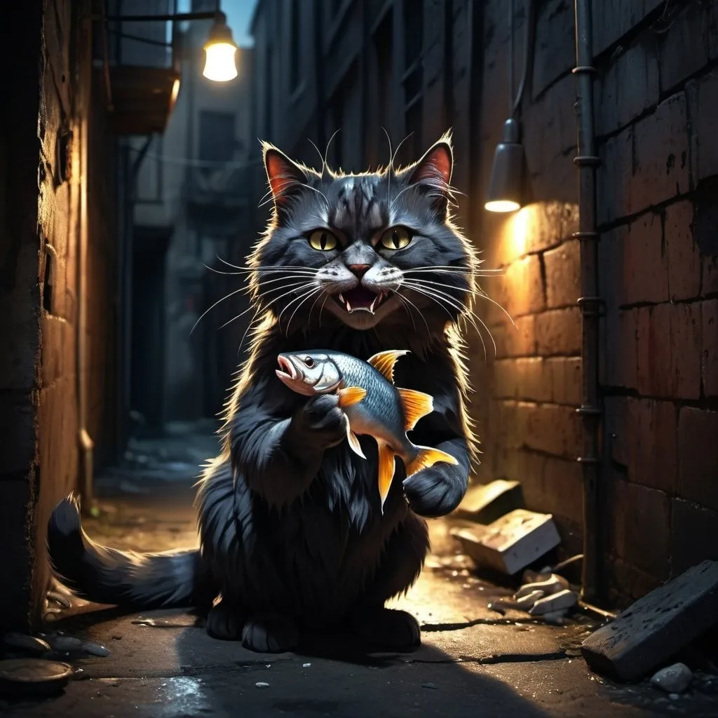 Prompt: 4k , high resolution , dark colors 
Dramatic cat is holding fish in his mouth , neglected alley, intense lighting, urban decay, dark and moody, detailed fur with dramatic shadows, abandoned environment, high quality, digital painting, dramatic lighting, neglected urban setting, dramatic atmosphere, 