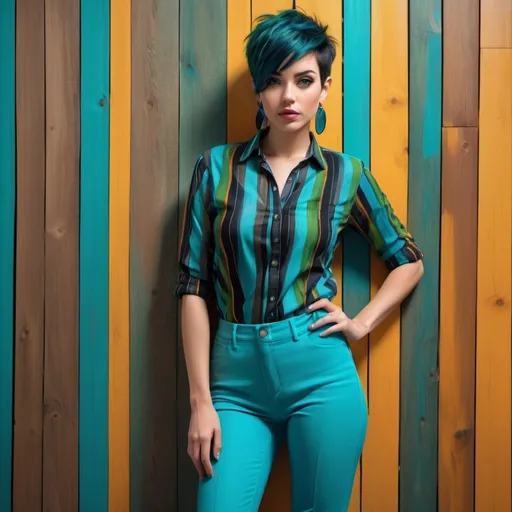 Prompt: 4k, high resolution , high detailed ,  digital painting , art photography , bright colors , urban settings , fashion ,colorful wooden wall   ,a woman standing near the wooden wall ,,green  buttoned shirt with  blue vertical stripes  , teal long tight pants , black and blue mixed  hair ,short  pixie hairstyle , earrings , low angle shot of the woman , she stands in artistic poses for the camera 