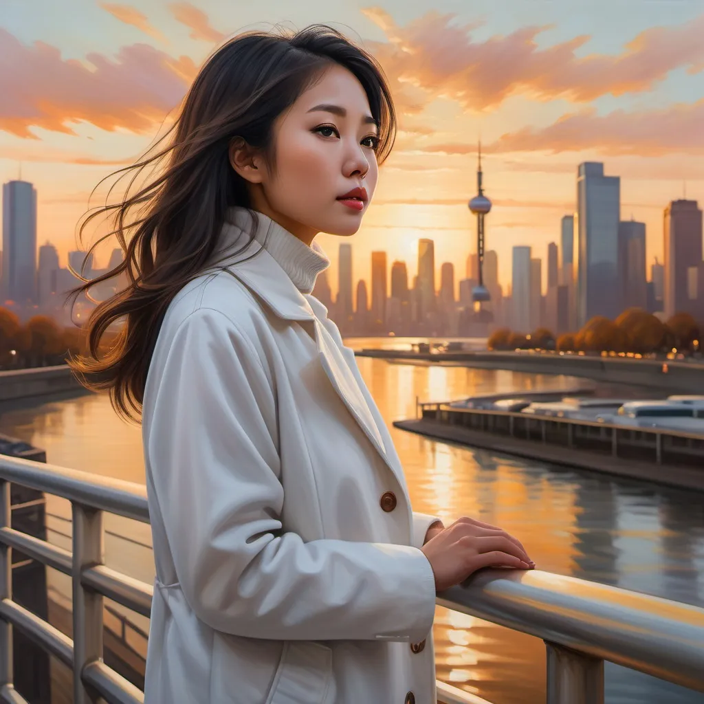 Prompt: oil painting of a asian woman(white coat , white turtleneck , skinny jeans ,) standing(low angle shot) near the safety railing ,sidewalk , surrounded by a stunning city skyline, capturing urban beauty, warm sunset hues reflecting on water, soft waves lapping at the shore, a gentle breeze in her hair, (4K) quality, realism , high resolution 