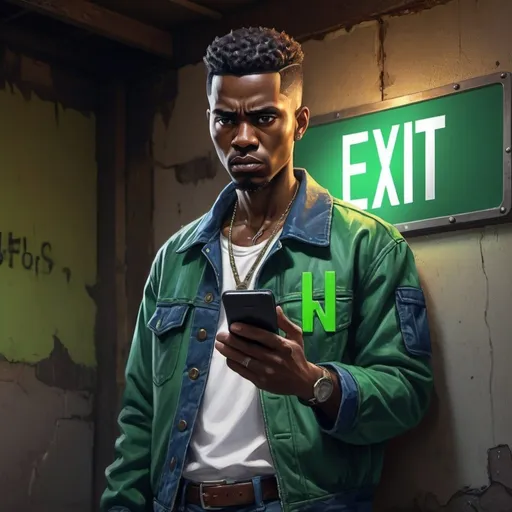 Prompt: 4k , high resolution , digital painting , modeling , neglected ally , dramatic, bright colors , old building wall , green led exit board sign above the man , tough man stands near the wall ,he holds smartphone , angry face ,dark skin, mid fade haircut , opened green letter jacket , white under shirt , blue jeans, ,necklace  , close up on the man , low angle shot 