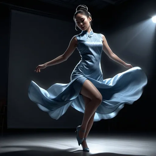 Prompt: 4k , high resolution , digital painting , photorealism , artistic , achromatic grays , dark empty room ,  modeling , a asian woman dancing ,dynamic photo , dramatic ,  hair buns  hairstyle , blue qipao dress , legs , model stance , low angle shot , expressionism , close up , light and shadow photography 