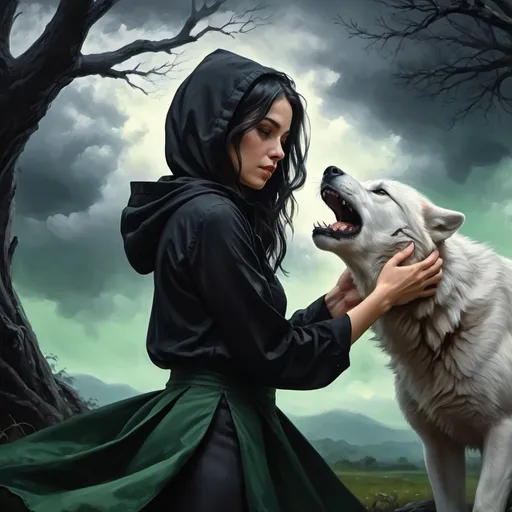 Prompt: 4k ,oil painting ,fantasy, high resolution ,artistic,nature ,sky ,tree,dark atmosphere,action,dynamic, a white dangerous  woman  touches wolf with her hand  ,  black hair , traditional buttoned black shirt , dark green slit miniskirt  ,black hood,  good composition , low angle shot 