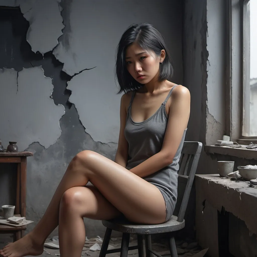 Prompt: 4k , high resolution ,detailed , oil painting , grey themed photo ,poor room with cracked wall ,gray sky, window with shutters , small gray table , a asian woman sits on chair ,she looks depressed , black hair with some gray hairs, mini slit  grey dress reveals legs , focus on legs
, portrait , expressionism , dark colors   , modeling pose , fashion , unique pose,close up , ashtray and smoke