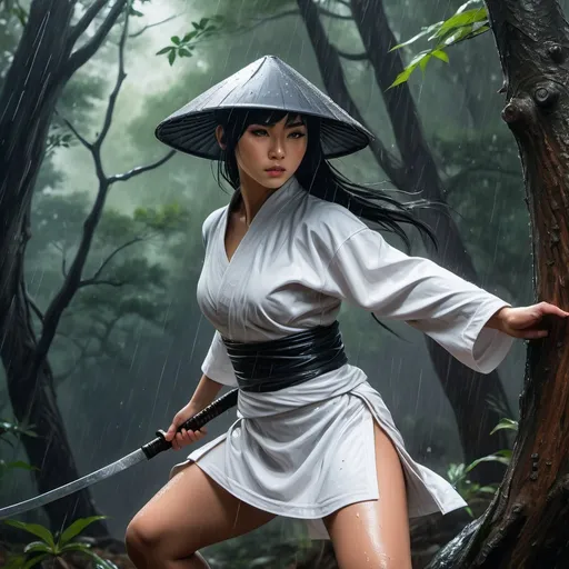 Prompt: 4k ,oil painting ,fantasy, high resolution ,artistic,modeling, a female ninja holds sword,she leans against atree,black hair,she wears rain chinese  hat , long white ninja outfit , white short skirt reveals legs, low angle shot , combat stance ,dynamic , wind ,,forest,rain,dark area , 