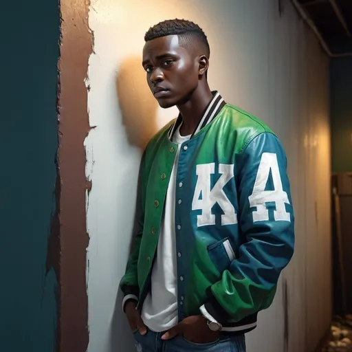 Prompt: 4k , high resolution , digital painting , modeling , neglected ally , dramatic colors  ,lights, a man is leaning against the wall ,dark skin, mid fade haircut , opened green letter jacket , white under shirt , blue jeans , close up , 