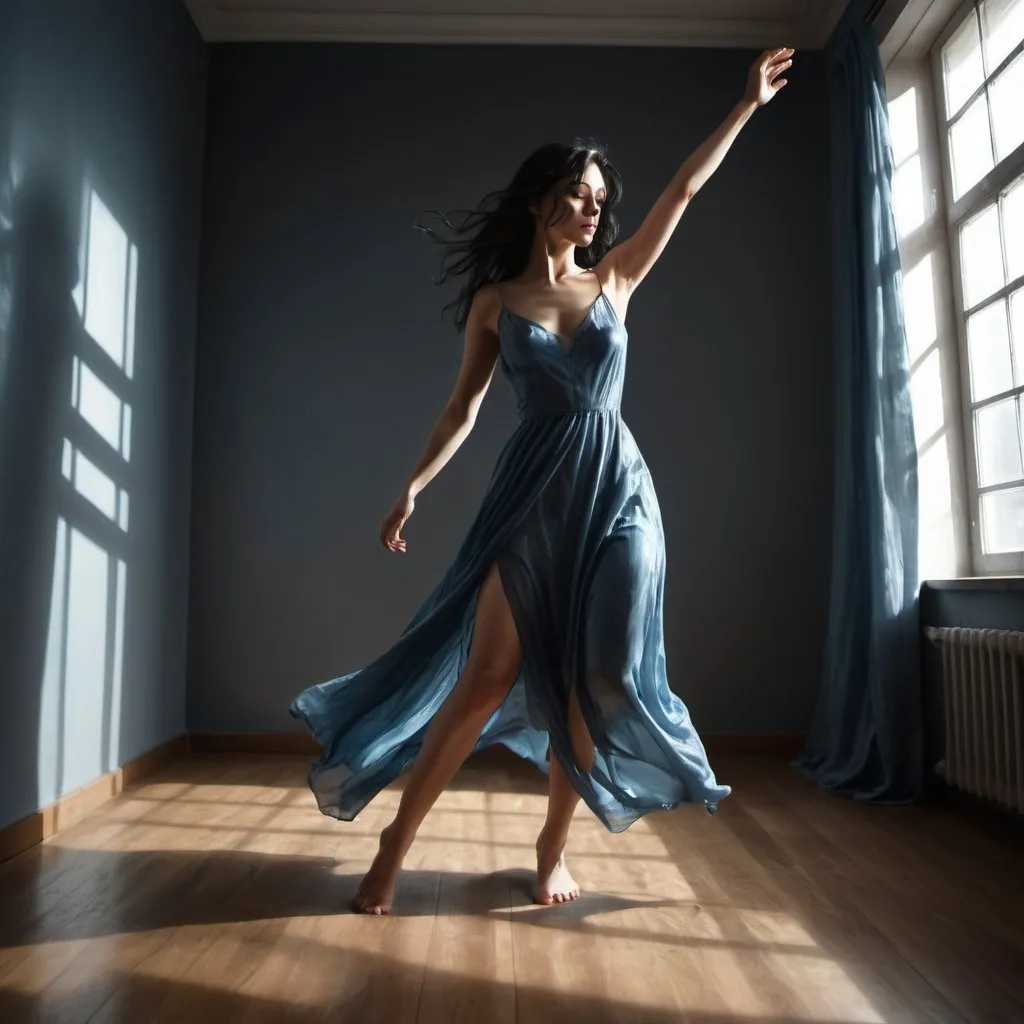 Prompt: high resolution, 4k,water painting,  dark colors , dramatic colors , detailed, fashion , modeling , room , parquet , window with gray curtain
a woman is modeling , fancy blue long slit dress , low angle shot , feet , black hair , close up on woman's face ,portrait ,light and shadow , dance stance  , low angle shot , sunlight shines on the woman through the window , dynamic movement 