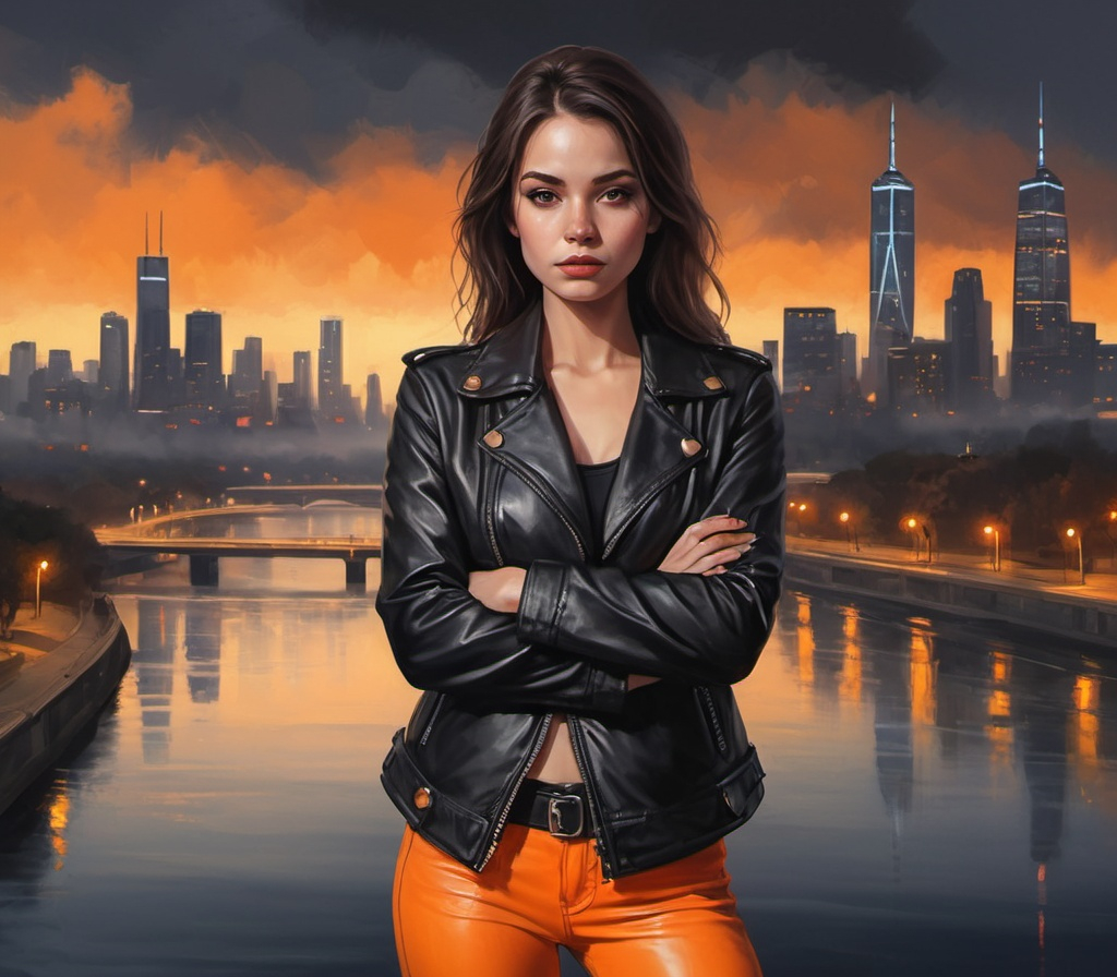 Prompt: digital painting of a woman (black leather jacket ,orange pants ) standing with crossed hands (close up)  , city skyline and  a river in the background at night time with a bright orange sky reflecting on the water ,winter ,fog ,clouds , art photography, at night, high resolution , realism , beautiful sunset , close up 