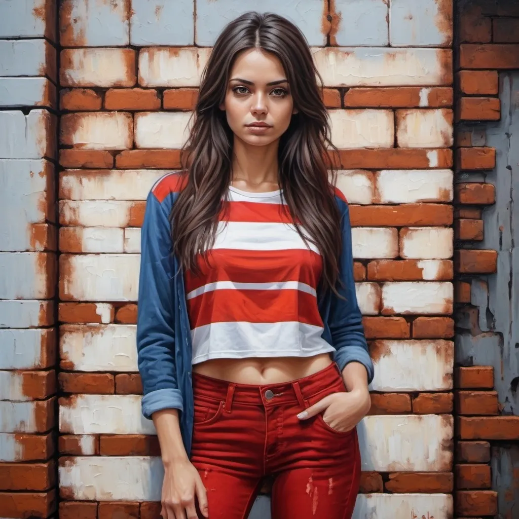 Prompt: 4k , high resolution , oil painting , industrial settings  , ultra-detailed street ,art photography , bright colors , woman standing near rusty brick Wall, modeling pose  , (white with red horizontal striped t-shirt) (same pattern of the stripes, 6 stripes)  , (skinny jeans ), brown skin , black hair , long hair , slavic face  