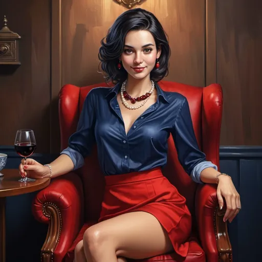 Prompt: 4k , high resolution , detailed , digital painting , dark colors , wooden wall , 
a woman sitting on brown armchair and she is holding a glass of red wine , navy blue elegant shirt , red skirt revealing legs  ,black hair, pearl necklace  , she is looking at the viewer with slight smile , good composition (center)