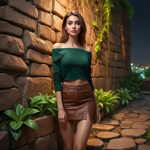 Prompt: 4k ,high resolution ,  detailed , bright colors , digital painting ,realism , night ,light on the stone (illuminated stone),garden , art photography , fashion , 
a  rusty stone wall  in the middle  and a plant growing on the side of it, there is a woman standing in modeling pose ( close up) ,dark green off shoulder shirt , brown miniskirt