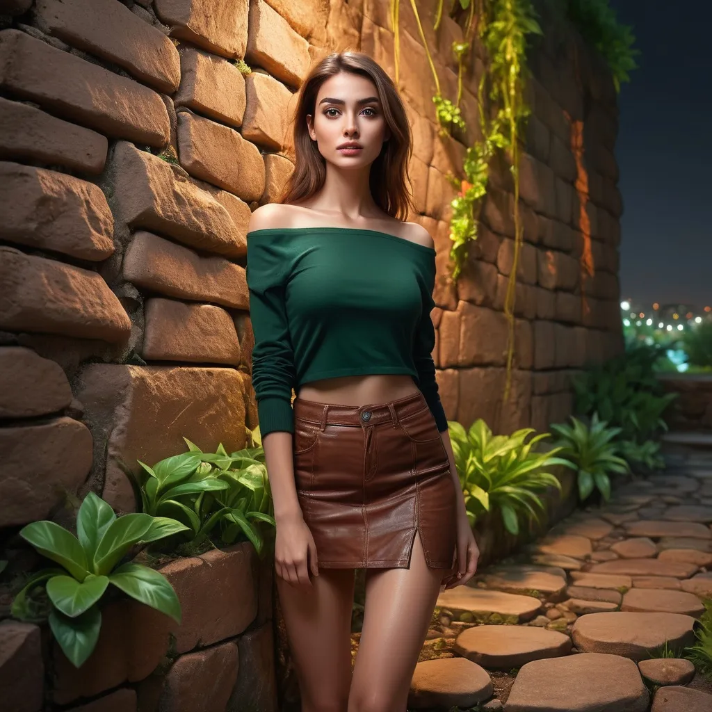 Prompt: 4k ,high resolution ,  detailed , bright colors , digital painting ,realism , night ,light on the stone (illuminated stone),garden , art photography , fashion , 
a  rusty stone wall  in the middle  and a plant growing on the side of it, there is a woman standing in modeling pose ( close up) ,dark green off shoulder shirt , brown miniskirt