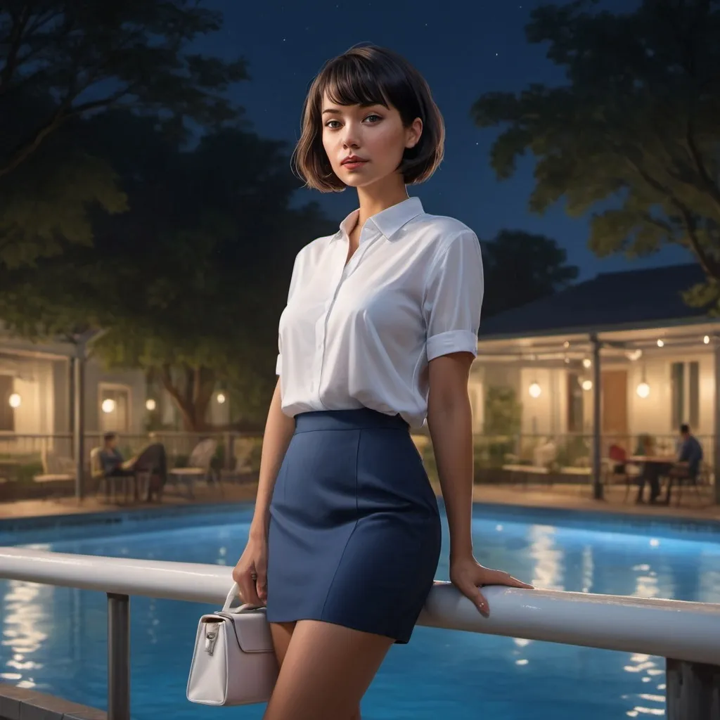 Prompt: 4k, high resolution, digital painting, professional, detailed features, night park scene, illuminated pool ,safety railing, woman leaning against railing,
40 years old , black bob haircut , elegant white shirt , blue skirt , she hold expensive white bag ,
 illuminated water, low angle shot ,
lights, atmospheric lighting, confident pose 