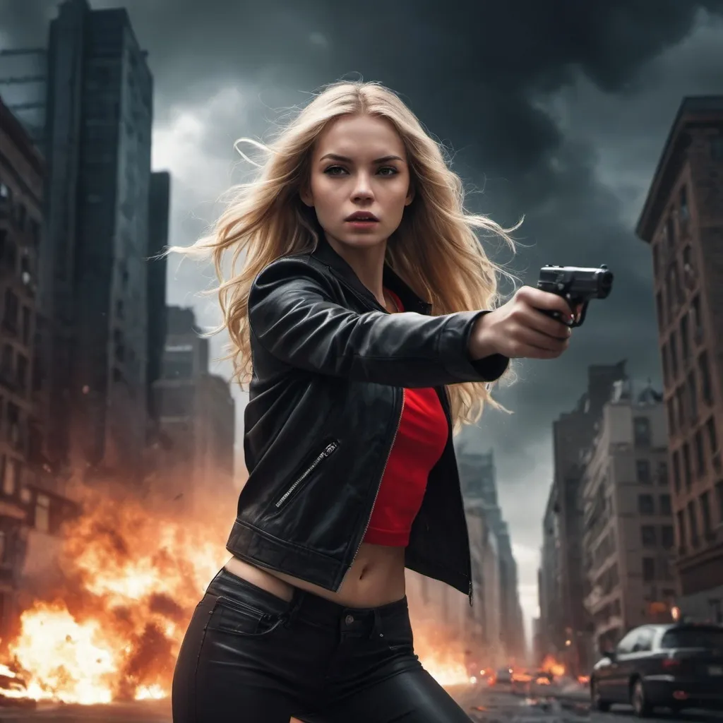 Prompt: a woman holding a gun, she is pointing the gun at the viewer  , urban settings, long blonde hair , opened black jacket, red crop top shirt , black leather pants ,(illustration), (high resolution), dramatic lighting, somber atmosphere, detailed background with city buildings and streets, dark color tones, realistic art style, ultra-detailed,explosion in the background , dramatic lights around the woman ,low angle shot , art photography , close up on the woman 