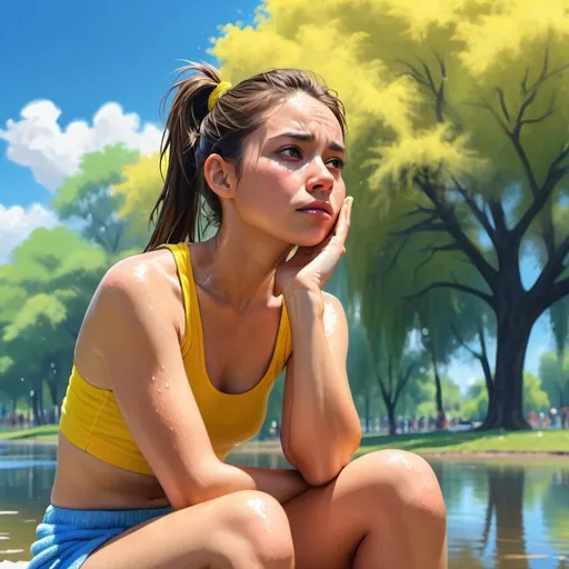 Prompt: 4k , high resolution, bright colors ,realistic illustration,  park , blue sky ,tree, a woman is sitting and cleaning her face with a towel  , model stance, lake , brunette hair , ponytail, yellow crop top shirt , blue sport shorts  , show floor ,dynamic ,close up , emotional face expression ,expressionism , low angle shot , portrait ,wet face