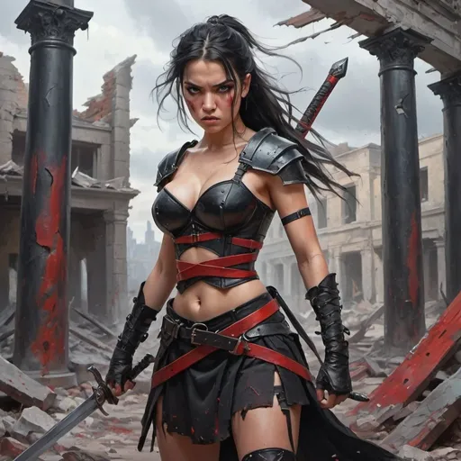 Prompt: 4k , high resolution , oil painting , artistic ,fantasy ,destruction, bright colors ,red gray and black colors, a warrior woman with sword ,she stands near pole in ruined buildings ,   black hair , braid hairstyle , 
  scar near the eye , wounds on face , short black skirt with belt  , black combat corset,shields on both shoulders  , action , dynamic , combat stance , low angle shot , emotional face,portrait