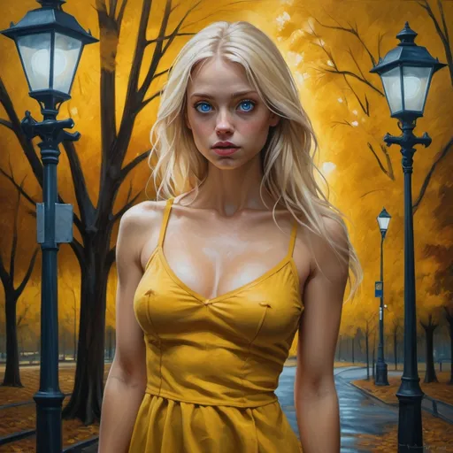 Prompt: 4k, high resolution, detailed, oil painting, dramatic, expressionism, woman, park, autumn, street light, blue eyes, long blonde hair, yellow mini dress, barefoot, unique hand pose, close up, dark colors, sad colors, loneliness, street light , detailed eyes, dramatic expression, autumn park, oil painting, professional, atmospheric lighting , yellow themed 