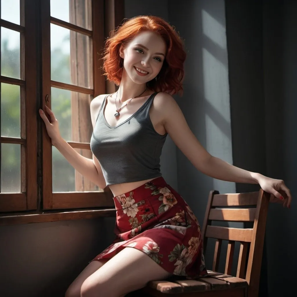 Prompt: 4k , high resolution ,dark colors ,digital painting ,glamour photography , art photography , professional , dark room , window with opened shutters ,sunlight shines the woman through the window  , a woman sitting on wooden chair with crossed legs and smile , red hair ,pale skin, red sleeveless crop top shirt , detailed gray floral short circle skirt ,necklace , legs , close up ,drama , light and shadow photography , low angle shot 