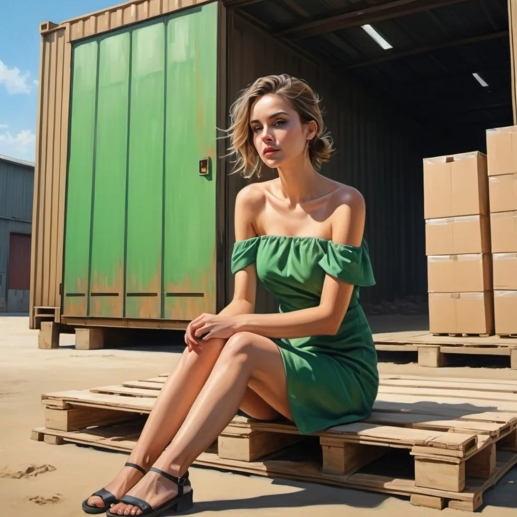 Prompt: 4k , high resolution , hyperrealism , industrial ,digital painting , expressionism , sand , cartons , warehouse building with  roller shutter door ,
a woman is sitting on pallet , off shoulder green mini dress , close up 