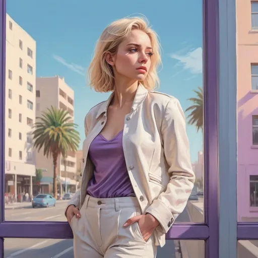 Prompt: 4k , high resolution , pastel colors,  contemporary art  ,digital painting , fashion , building , palm tree , road , urban settings ,blue sky,modern city , a pensive woman stands near a window , blonde hair , off white jacket , purple buttoned shirt , off white tight long pants ,close up , portrait 