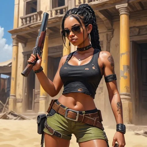Prompt: 4k , high resolution , bright colors ,oil painting ,sand,old building,cracked walls, a female bounty hunter holds shotgun ,she holds the shotgun with both hands , black braid hair , black skin , sunglasses , mirrored lens,olive shorts, black crop top shirt , Bandolier belt , combat stance , show muzzle rifle 