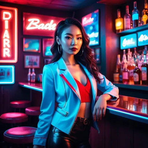 Prompt: (vibrant neon lighting), a woman posing standing in modeling pose  , (bar scene,) filled with dynamic colors, contrasting red and soft light blue hues illuminating the background, an energetic and night atmosphere, captivating details enhancing the nightlife experience