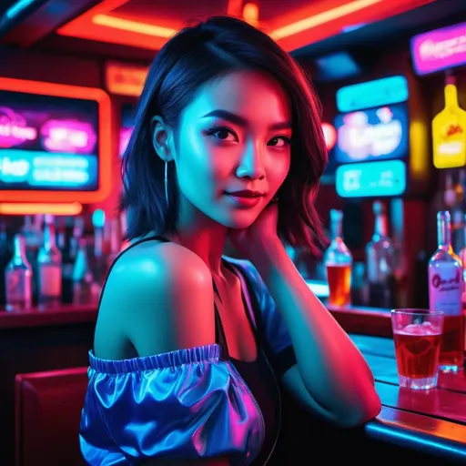 Prompt: (vibrant neon lighting), a woman posing for the camera  , (bar scene,) filled with dynamic colors, contrasting red and soft light blue hues illuminating the background, an energetic and night atmosphere, captivating details enhancing the nightlife experience