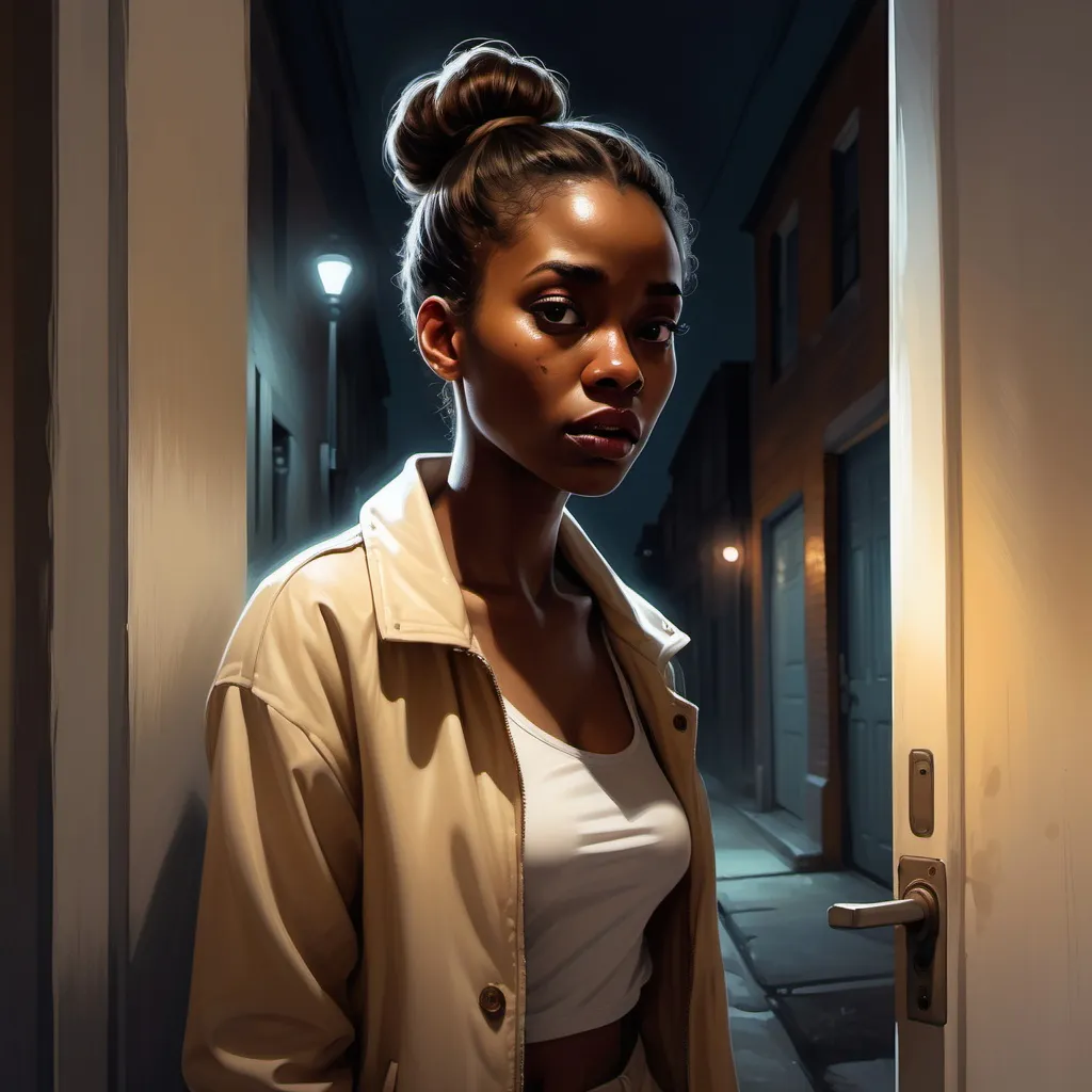 Prompt: high resolution, digital painting ,realism  , neglected street ally ,  Fluorescent above the woman  ,, nighttime (mystery , horror), a black woman(bun hairstyle , beige jacket , ivory shorts) standing near the door , the woman illuminated by the light of the fluorescent  ,soft contrast (light and shadow) , close up the woman , her face expressions express her feelings alone 