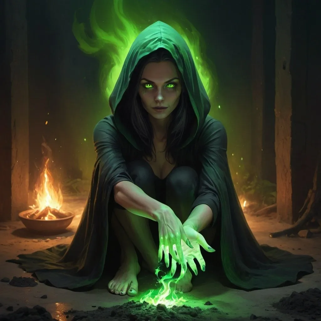 Prompt: 4k , high resolution,fantasy , digital painting , illustration , mythology , dark place  , dirt floor , a  witch holds magical green glowing  fire in her hands  , green aura around the woman , black hood , glowing eyes , slit skirt , barefoot  , portrait , close up on woman , modeling stance