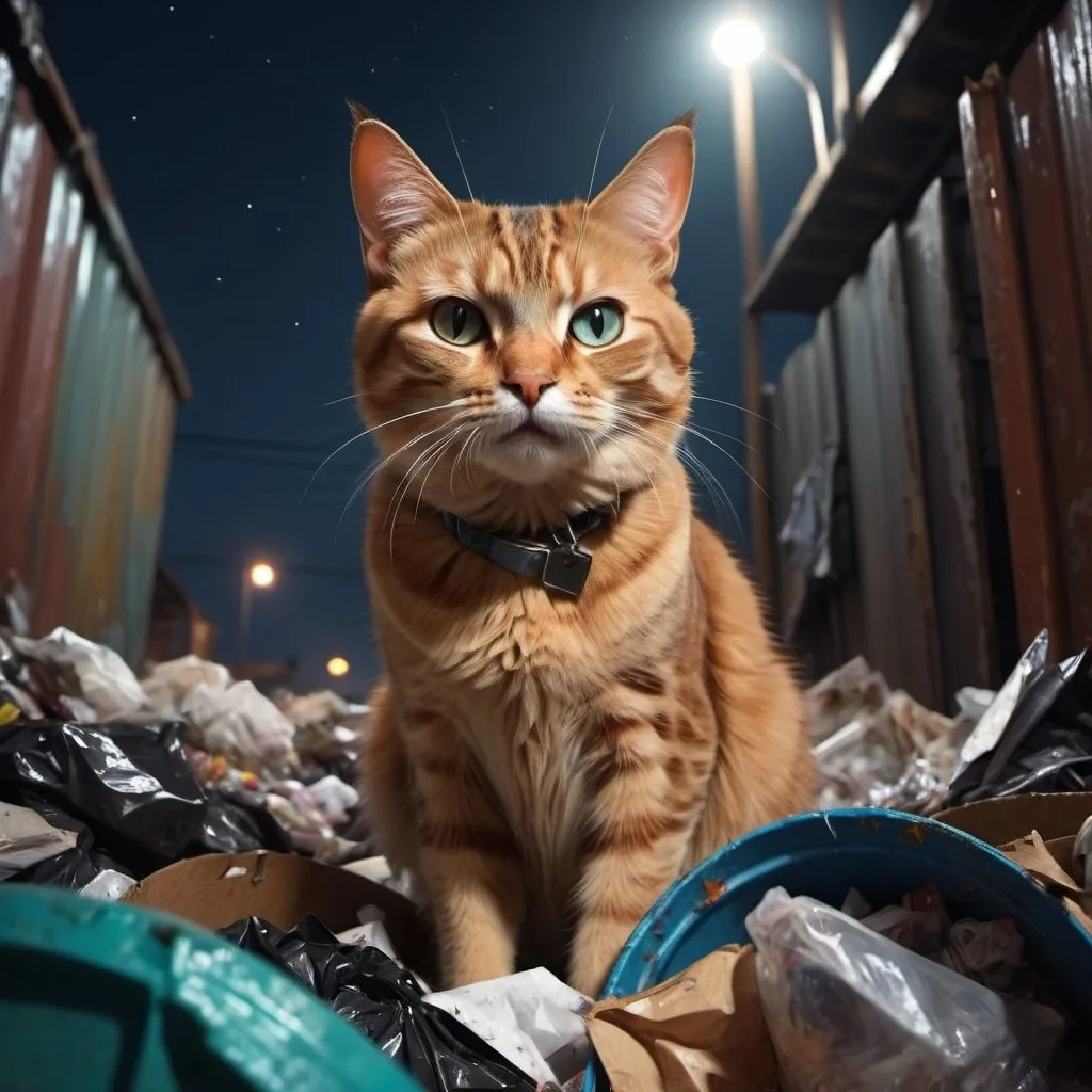 Prompt: 4k, high resolution, digital painting, dramatic colors,intense lighting , night ,detailed features, art photography, cats in trash  trash yard , , detailed facial expression, low angle shot, good composition, professional lighting, 