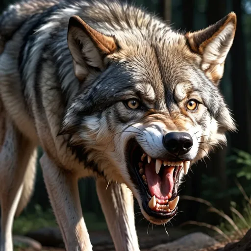 Prompt: 4k , high resolution , detailed photo , digital painting , photorealism , wolf in nature exposes his teeth , aggressive look , scary , close up , aggressive pose , attacking , light and shadow photography 