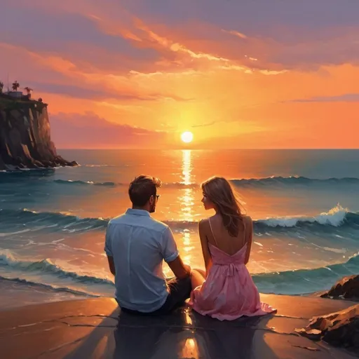 Prompt: 4k , high resolution , realism , digital painting , sea , sunset , expressionism , romantic scene , a man and woman are sitting and watch the sunset together , they both look at each others.
the woman wears mini dress , 

