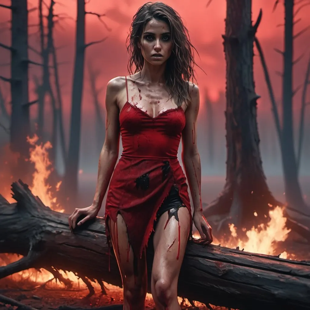 Prompt: 4k , high resolution , detailed photo , oil painting , dark colors , fire , burning ,modeling , wounded woman stands and leans against tree , burned forest on log ,smoke , mini red slit dress , reveals legs, ripped dirty dress , cuts on dress , modeling pose ,messy hair , unique pose , focus on legs , red sky , dramatic , danger , red themed background  , chaos 