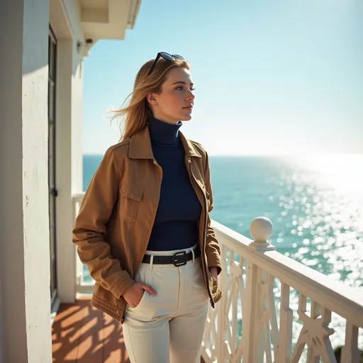 Prompt: 
Bathed in the soft glow of morning light, a woman standing near a white wall in a serene balcony overlooks the shimmering expanse of the ocean, where gentle waves meet the horizon , wearing opened brown jacket , navy blue turtleneck , off-white fitted pants with black belt (circular buckle) ,sunglasses atop her head
 , inviting relaxation and quiet conversation. The warm wooden flooring complements the light, airy ambiance, while the delicate railing evokes a sense of elegance against the backdrop of tranquil waters, creating a peaceful retreat perfect for unwinding under a clear blue sky
