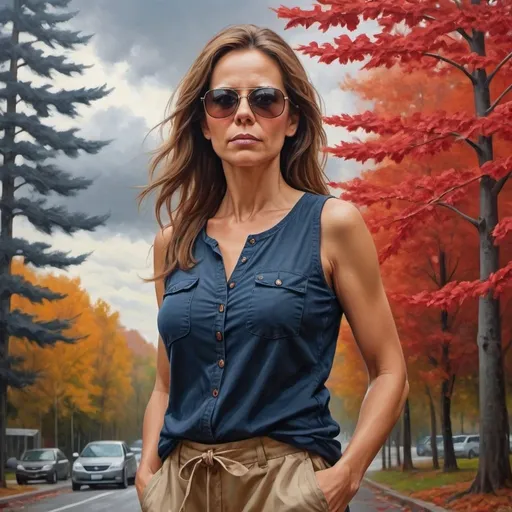 Prompt: 4k, high resolution,detailed,professional, gray sky ,autumn ,oil painting, dark colors, urban,trees with red leaves ,a beautiful woman , modeling stance ,she is 45 years old, the woman wears dark blue  sleeveless shirt , beige cargo shorts , long brown hair , sunglasses, mirrored lens , rounded body, low angle shot , unique stance , wind moves the red leaves 
