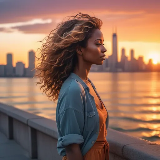 Prompt: A woman standing on a sidewalk (against a vibrant ocean backdrop), surrounded by a stunning city skyline, capturing urban beauty, warm sunset hues reflecting on water, soft waves lapping at the shore, a gentle breeze in her hair, (4K) quality, spirited and inviting.