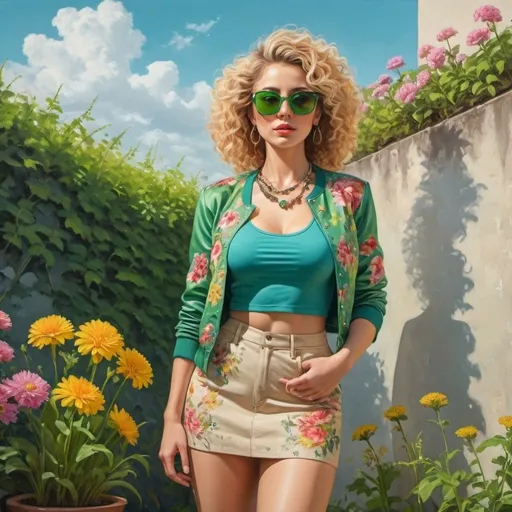 Prompt: 4k , high resolution , art photography ,  , hyper realistic painting,oil painting , fashion ,detailed features , blue sky , beautiful garden,grass , bright colors ,a 35 years old woman standing  near a wall with flowers around the woman ,modeling pose , blonde curly hair , beige floral jacket , green crop top shirt , green  miniskirt, green sunglasses ,necklace , good composition  , legs