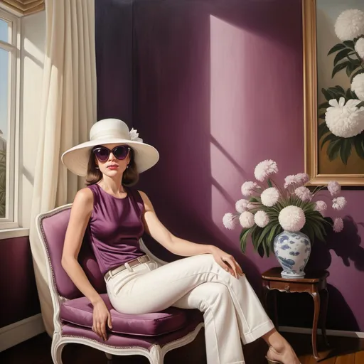 Prompt: oil painting of woman wearing an (elegant sleeveless plum blouse,sunglasses ,white fancy  hat,) and (off-white fancy pants), sitting on armchair ) near a perfectly designed room with aesthetic wall and plum curtain, vase with flowers near the woman (close up shot)