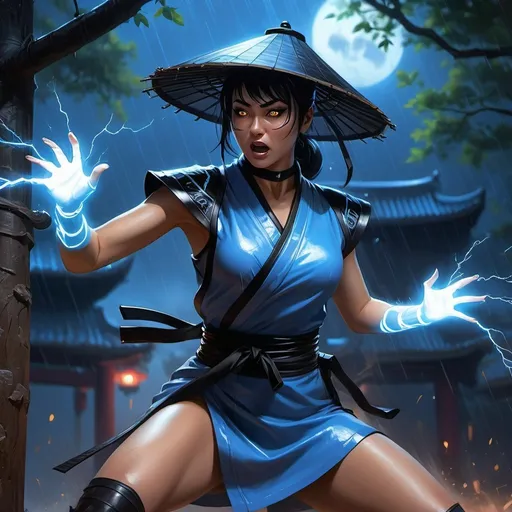 Prompt: 4k ,oil painting ,fantasy, high resolution ,artistic,modeling,mortal kombat character , a female ninja throws an thunder magical balls ,thunder lights in background ,blue light caused by the thunder,she leans against a tree,black hair,she wears rain chinese  hat , long blue ninja outfit , white short skirt reveals legs, low angle shot ,focus on legs ,thigh,dynamic , wind ,rain,old chinese temple  , powerful look, throwing stance , angry face ,electric white eyes  , she is screaming , electric aura around the female ninja