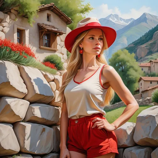 Prompt: 4k , high resolution , extremely detailed oil painting , realism , village , mountains , warm colors . spring season ,
a low angle of beautiful woman posing in modeling pose (long blonde hair , beige sleeveless shirt with red neckline  ,red elegant shorts ,earrings , summer red  hat )  bushes , small dry stone walling in the background , detailed face , she is 40 years old , legs