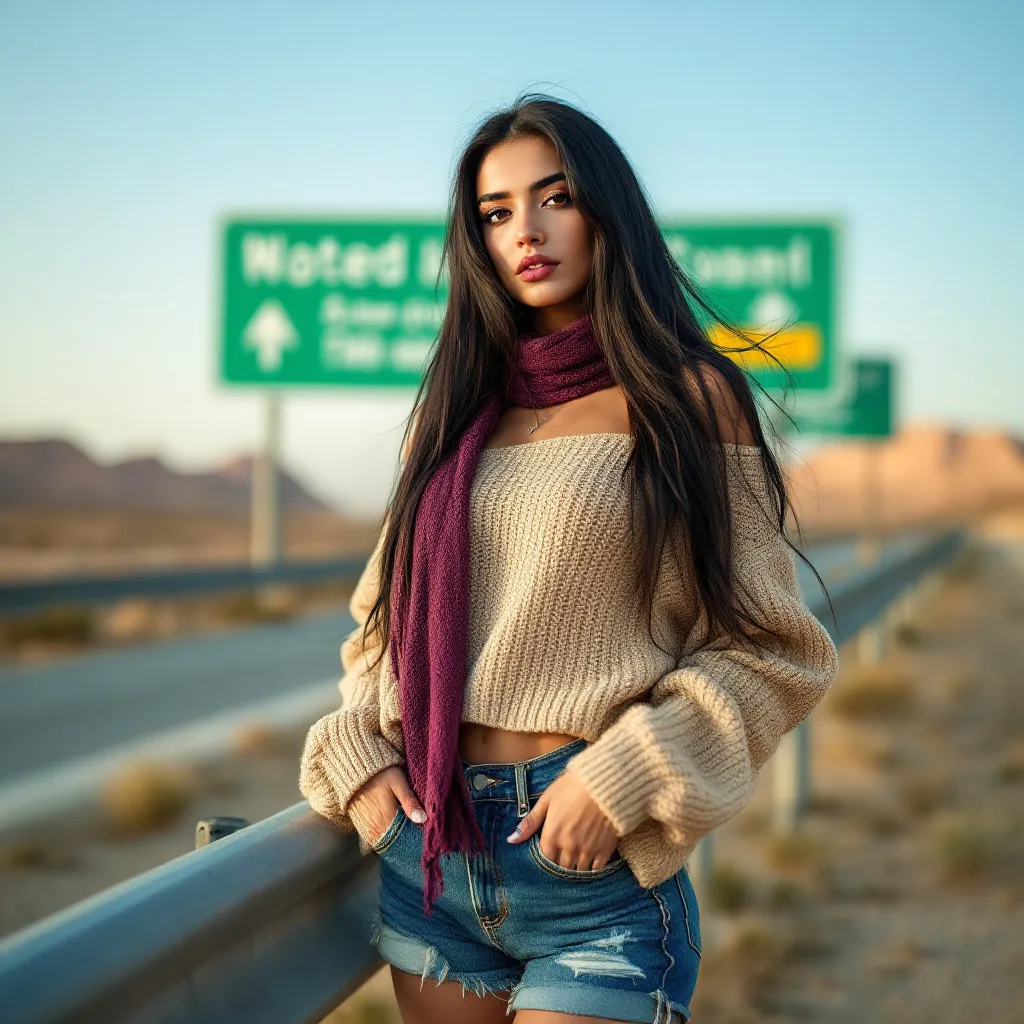 Prompt: high resolution , modeling photography  , 
a full-body photo of a middle eastern woman(low angle shot) with long smooth black hair and long nose , brown eyes , middle eastern face , a off shoulder beige knit sweater with plum scarf , jeans shorts ,she stands in modeling pose  focus on legs  ,  there is a safety railing behind her and a  big green sign ,road , desert settings , warm colors , 