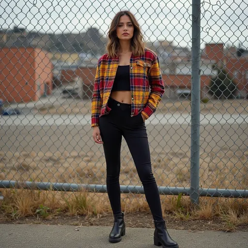 Prompt:  Standing confidently in front of a chain-link fence, a woman exudes a casual yet stylish vibe with her vibrant plaid jacket featuring shades of red, yellow, and blue, paired with simple black leggings . . The background  reveals a muted urban landscape, highlighting a mixture of buildings with earthy tones, while the ground is scattered with patches of dry grass, indicating an outdoor setting perhaps during the late afternoon . The natural light casts subtle shadows, enhancing the texture of both her outfit and the gritty surroundings, contributing to a mood of relaxed confidence against an urban backdrop. The overall composition creates a harmonious balance between the subject’s fashion-forward presence and the understated rawness of the environment.